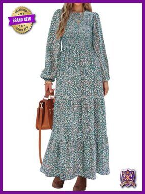 Long Sleeve Flowy Maxi Dress Smocked Tiered Swing Dress
